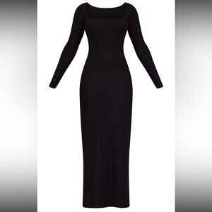PrettyLittleThing Black Brushed Ribbed Double Split Hem Maxi Dress